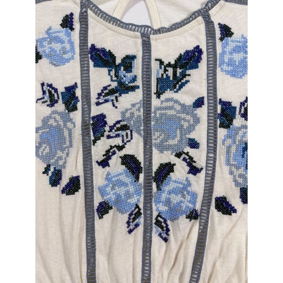 Free People Embroidered Boho Peasant Blouse Small Ivory Blue Floral Smocked Wais - Picture 5 of 14